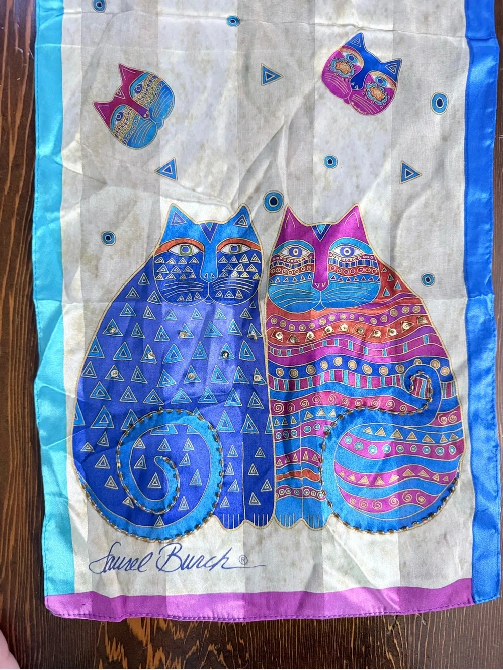 Laurel Burch Silk Scarf Vintage Cat Art Whimsical Feline Oblong 11x53 Blue⁠